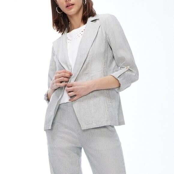 New Chico’s Linen Blend‎ Striped Open Front Blazer - Picture 1 of 14